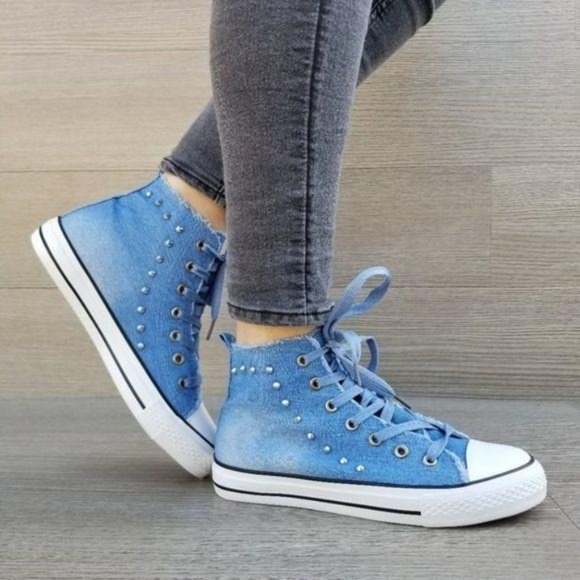 Shoes - Jean High Top Fashion Sneakers W/ Metal Studs
